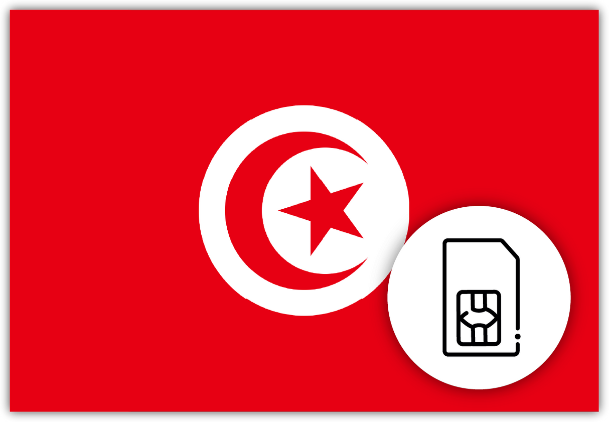 Tunisia SIM Card – Travel connectivity for Tunisia. Image featuring the Tunisian flag and a SIM Card icon.