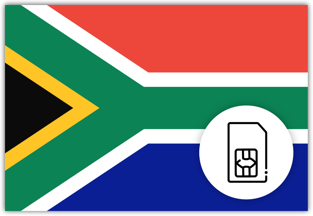 South Africa SIM Card – Travel connectivity for South Africa. Image featuring the South Africa flag and a SIM card icon.