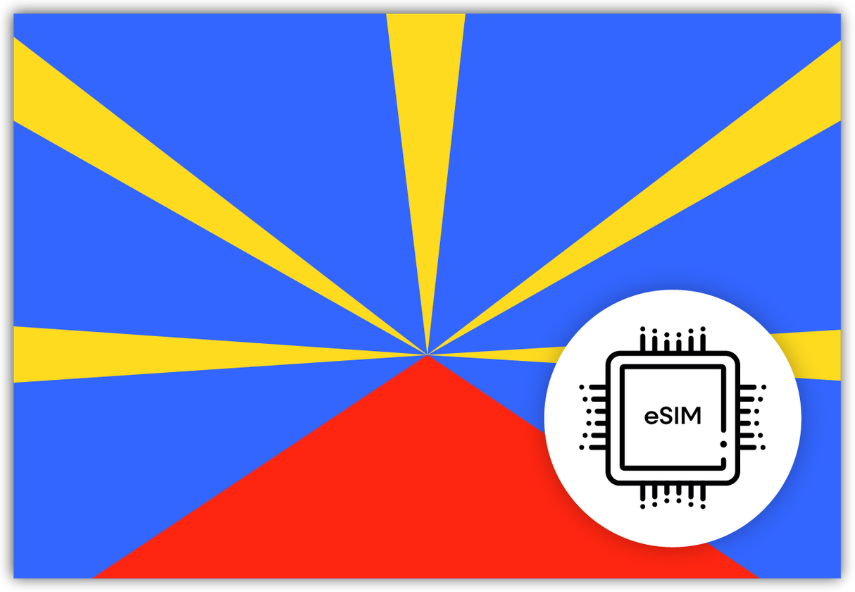 Réunion eSIM – Travel connectivity for Réunion. Image featuring the Réunion flag and an eSIM icon