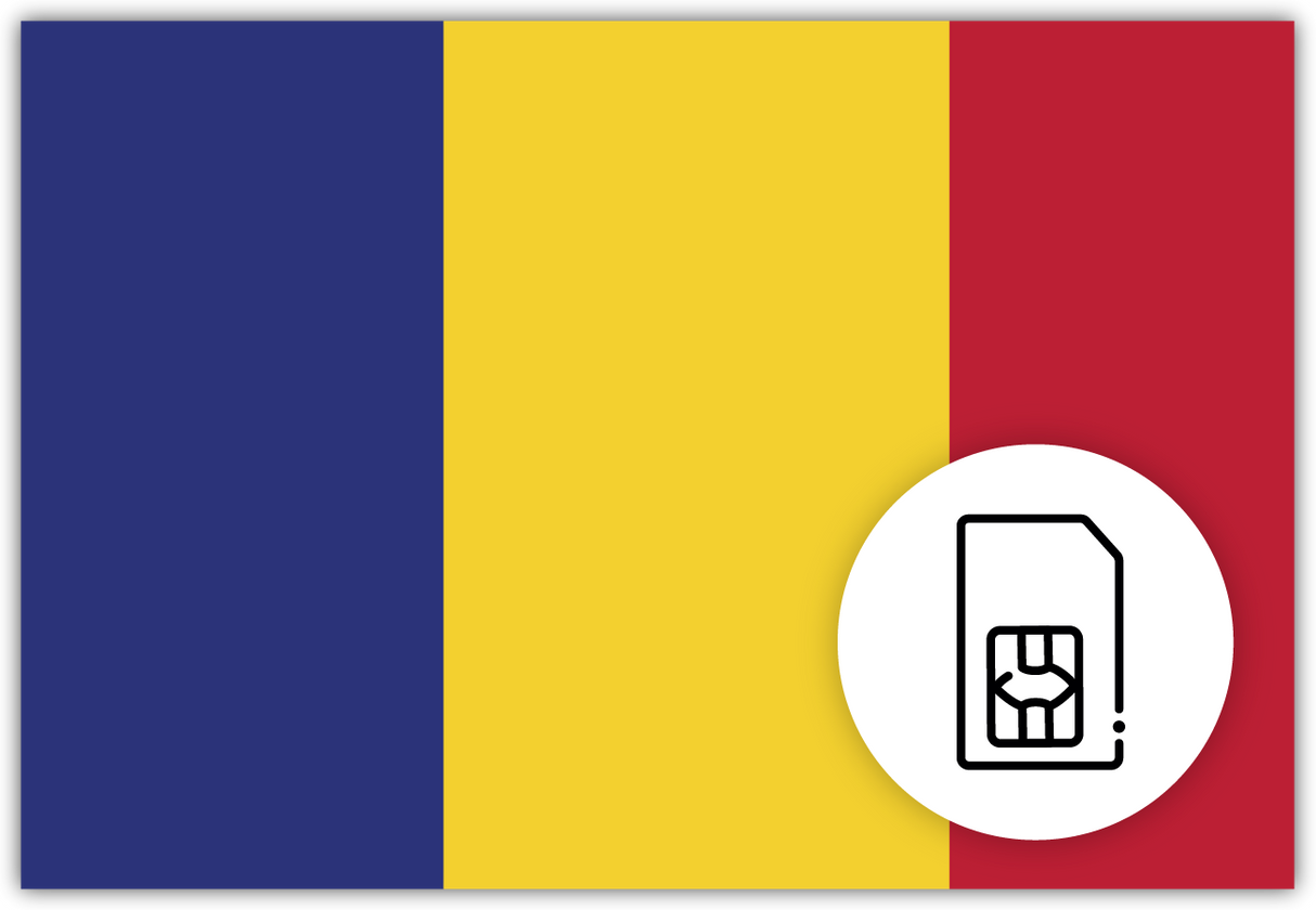 Romania SIM Card – Travel connectivity for Romania. Image featuring the Romanian flag and a SIM card icon