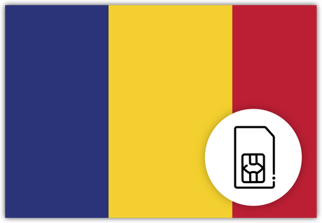 Romania SIM Card – Travel connectivity for Romania. Image featuring the Romanian flag and a SIM card icon