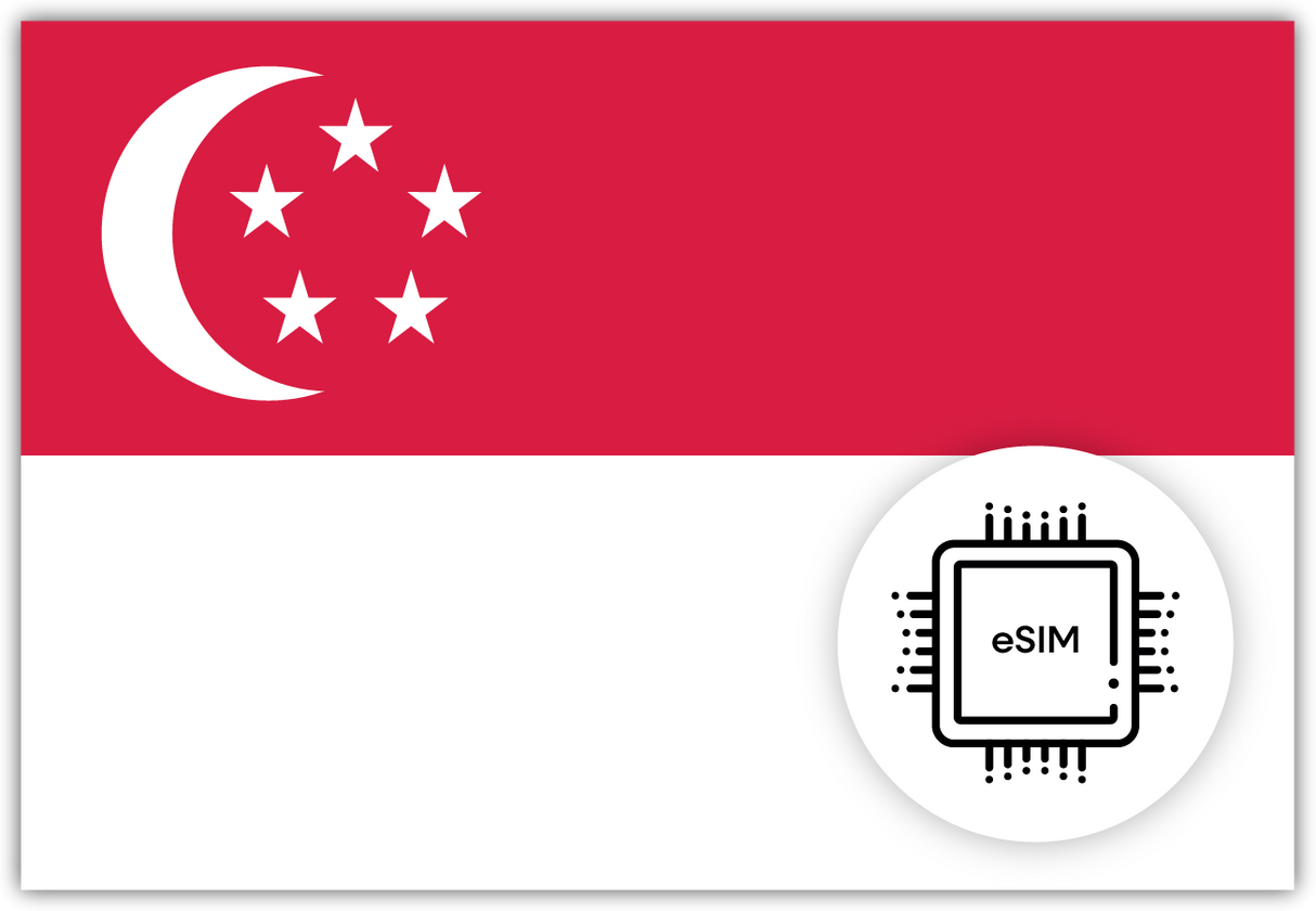 Singapore eSIM – Travel connectivity for Singapore. Image featuring the Singaporean flag and an eSIM icon