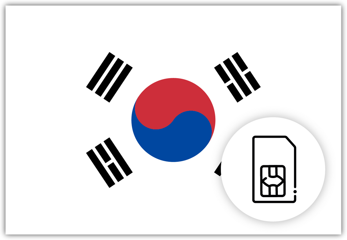 South Korea SIM Card – Travel connectivity for South Korea. Image featuring the South Korean flag and a SIM Card icon.