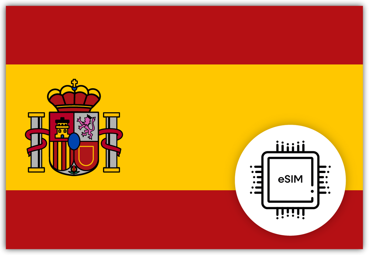 Spain eSIM – Travel connectivity for Spain. Image featuring the Spanish flag and eSIM icon