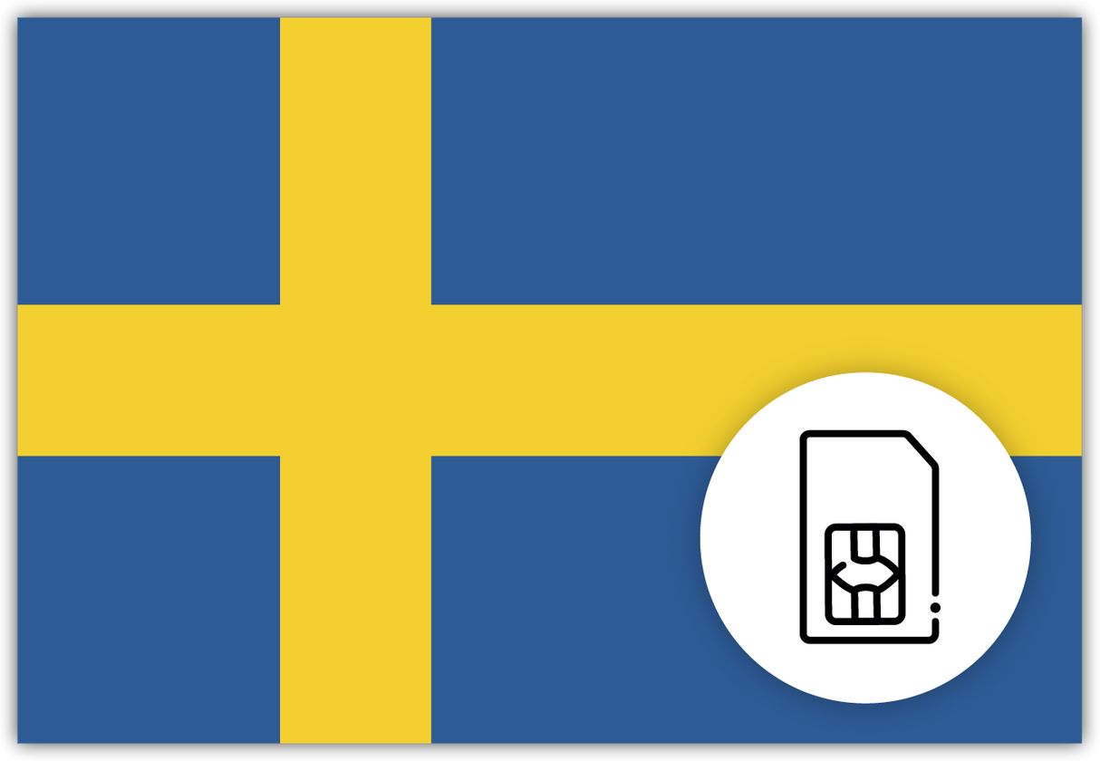 Sweden SIM Card – Travel connectivity for Sweden. Image featuring the Swedish flag and a SIM card icon