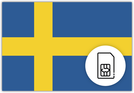 Sweden SIM Card – Travel connectivity for Sweden. Image featuring the Swedish flag and a SIM card icon