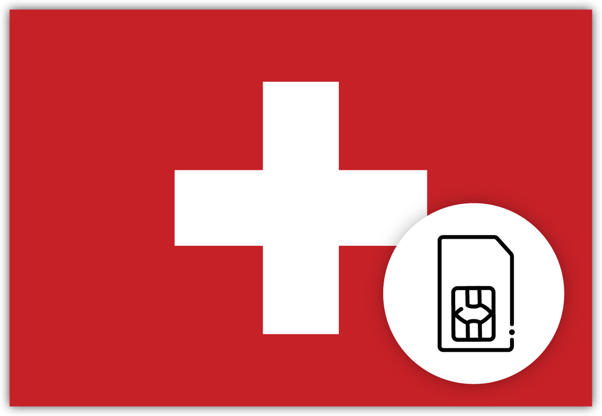 Switzerland SIM Card – Travel connectivity for Switzerland. Image featuring the Swiss flag and a SIM card icon