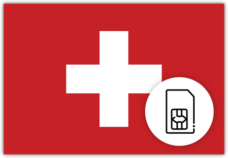 Switzerland SIM Card – Travel connectivity for Switzerland. Image featuring the Swiss flag and a SIM card icon