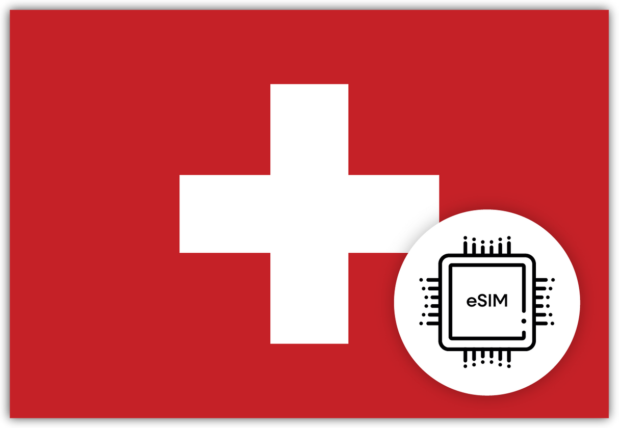 Swiss eSIM – Travel connectivity for Switzerland. Image featuring the Swiss flag and eSIM icon