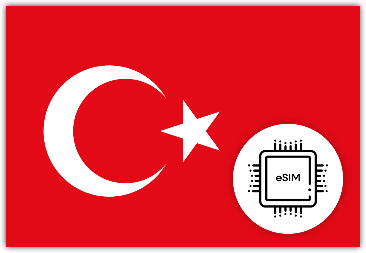 Turkey eSIM – Travel connectivity for Turkey. Image featuring the Turkish flag and eSIM icon