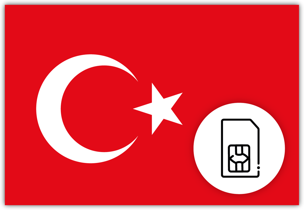 Turkey SIM Card – Travel connectivity for Turkey. Image featuring the Turkish flag and a SIM card icon