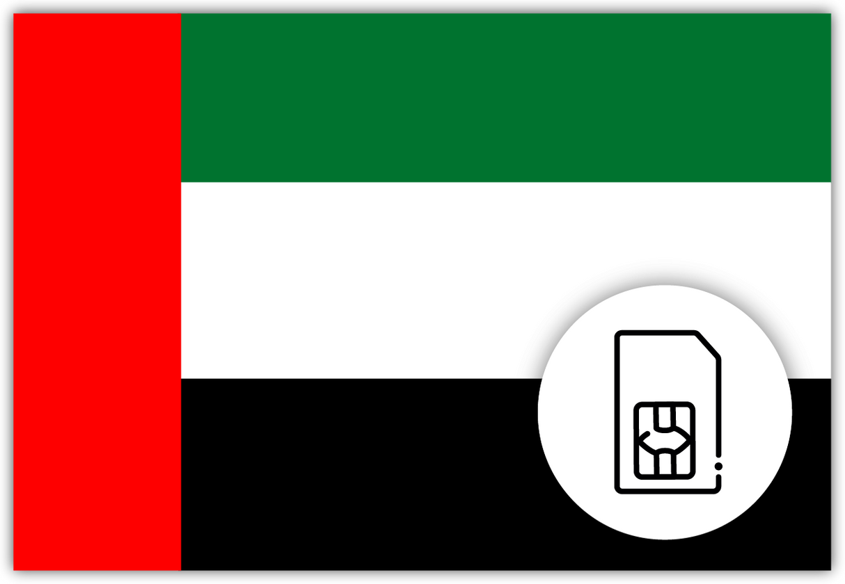 UAE SIM Card – Travel connectivity for the UAE. Image featuring the UAE flag and a SIM card icon