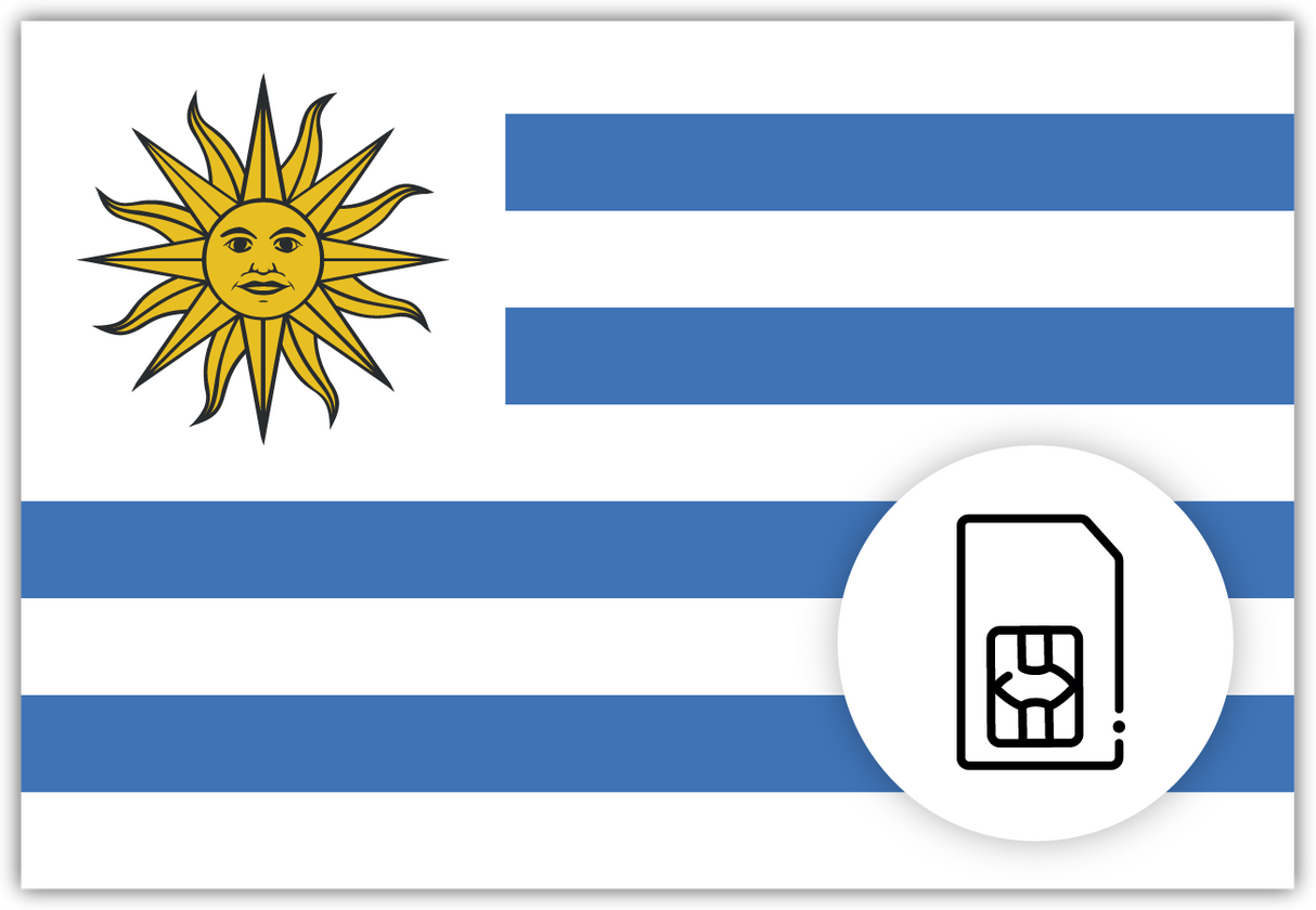 Uruguay SIM Card – Travel connectivity for Uruguay. Image featuring the Uruguay flag and a SIM card icon.