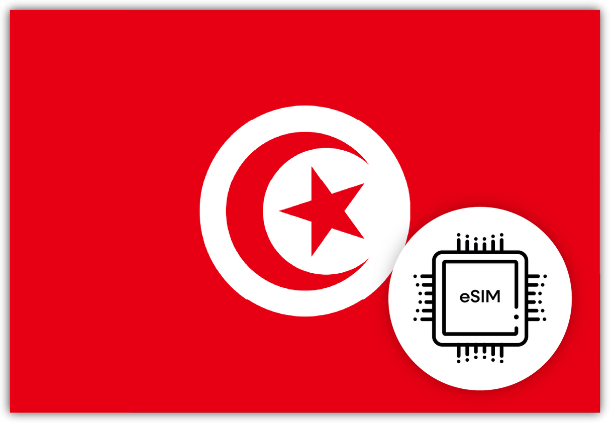 Tunisia eSIM – Travel connectivity for Tunisia. Image featuring the Tunisian flag and an eSIM icon