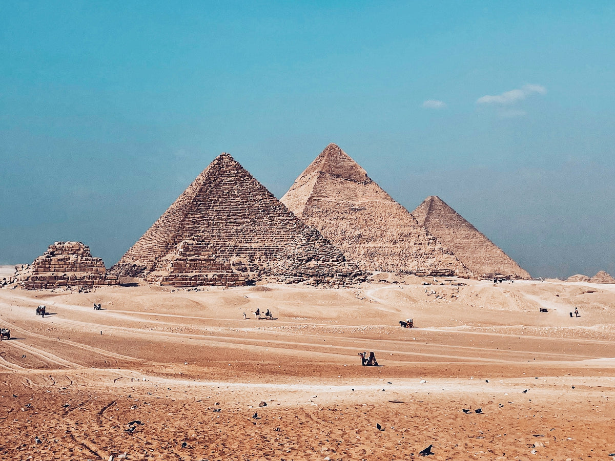 The Pyramids of Giza in the desert near Cairo