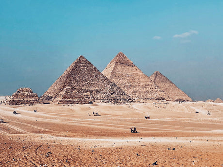 The Pyramids of Giza in the desert near Cairo