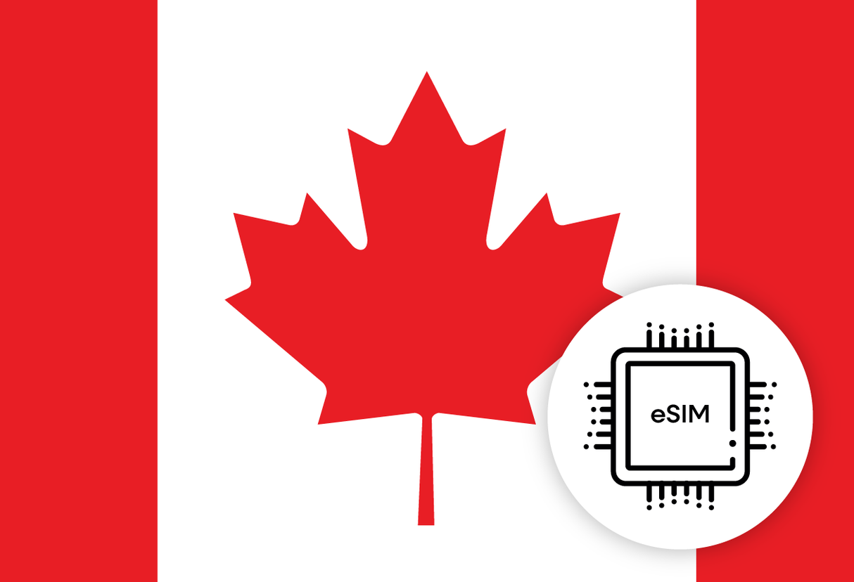 Canada eSIM – Travel connectivity for Canada. Image featuring the Canadian flag and an eSIM  icon