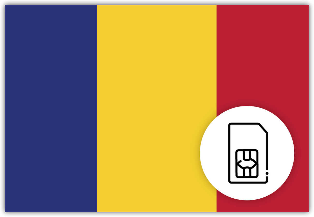 Chad SIM Card – Travel connectivity for Chad. Image featuring the Chad flag and a SIM card icon.
 
