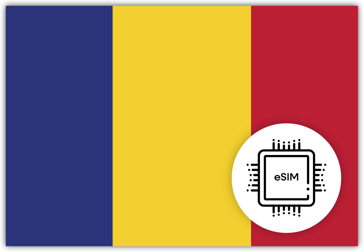 Chad eSIM – Travel connectivity for Chad. Image featuring the Chad flag and an eSIM icon.
 