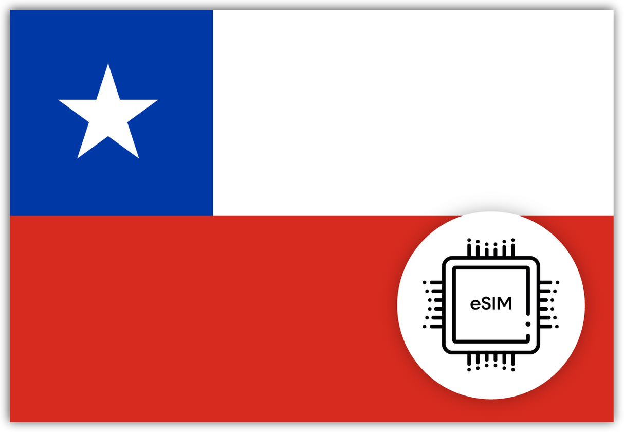 Chile eSIM – Travel connectivity for Chile. Image featuring the Chilean flag and an eSIM icon.
