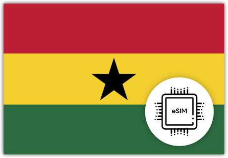 Ghana eSIM – Travel connectivity for Ghana. Image featuring the Ghanaian flag and an eSIM icon.
