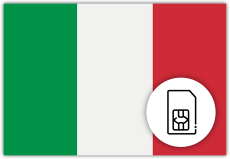 Italy SIM Card – Travel connectivity for Italy. Image featuring the Italian flag and a SIM Card icon