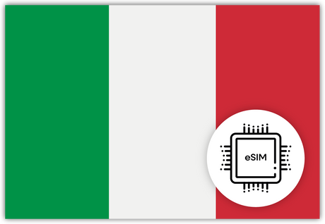 Italy eSIM – Travel connectivity for Italy. Image featuring the Italian flag and an eSIM icon