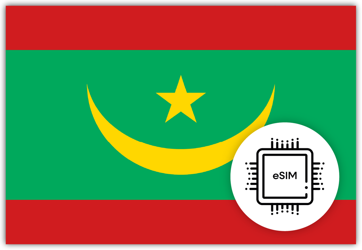 Mauritania eSIM – Travel connectivity for Mauritania. Image featuring the Mauritania flag and an eSIM icon.