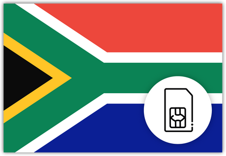 South Africa SIM Card – Travel connectivity for South Africa. Image featuring the South Africa flag and a SIM card icon.