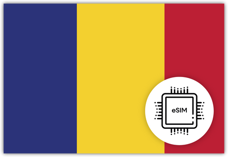 Romania eSIM – Travel connectivity for Romania. Image featuring the Romanian flag and eSIM icon