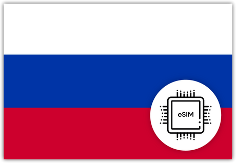 Russia eSIM – Travel connectivity for Russia. Image featuring the Russian flag and eSIM icon