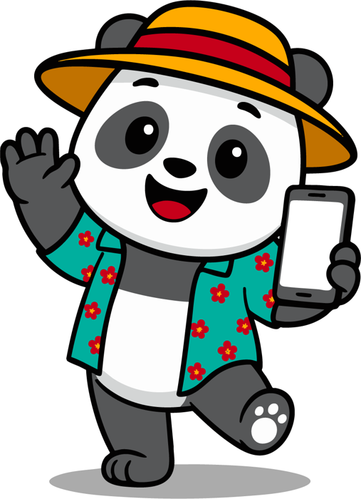 BeachSIM panda waving with a smartphone