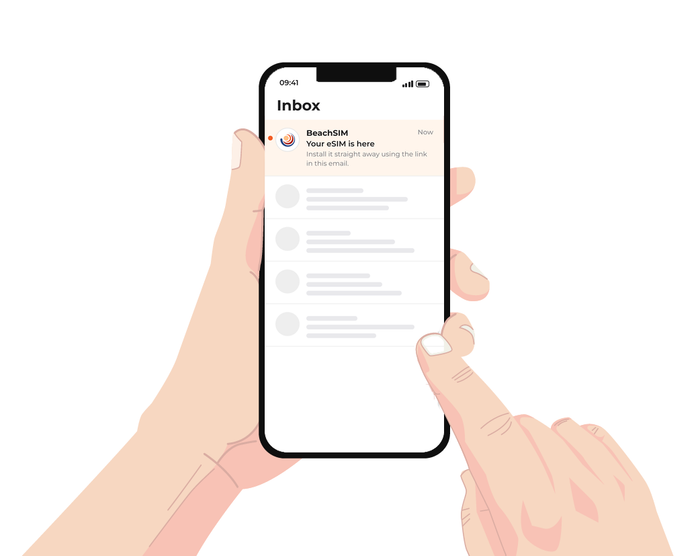 A stylized illustration of a person holding a smartphone with a black border and a white inbox screen, with a finger tapping on the display against a plain white background.