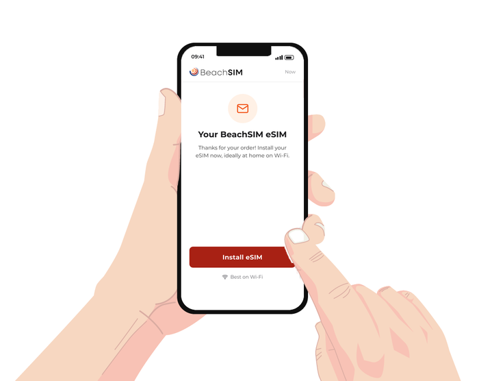 A hand-drawn illustration of a person holding a smartphone with a BeachSIM eSIM screen showing an installation message and an 'Install eSIM' button, on a plain white background.