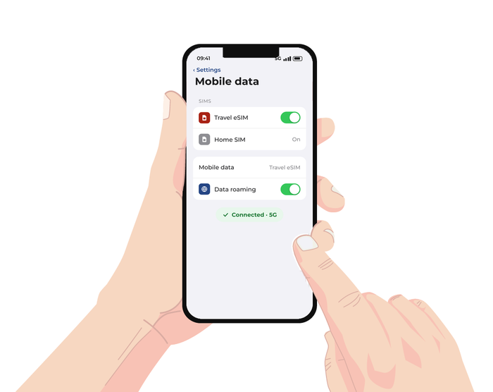 A stylized illustration of a person holding a smartphone with a mobile data settings screen visible on the display. The hands are shown against a plain white background.